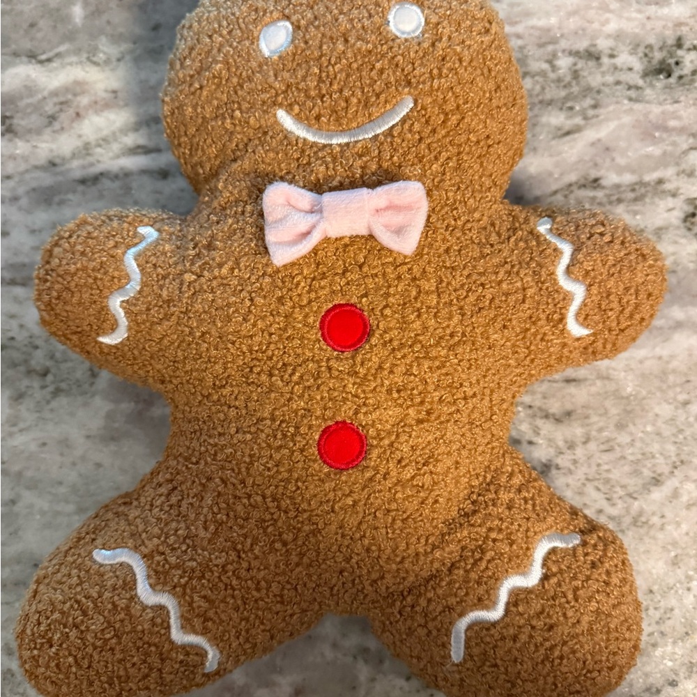 Gingerbread Plush Holiday Pillow with Pink Bow